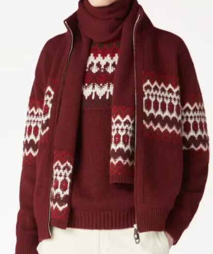 Man White and Red Crew Neck Cardigan Sweater High Quality Relaxed Fit Oversize Full Zip Long Sleeve Cardigan for Man