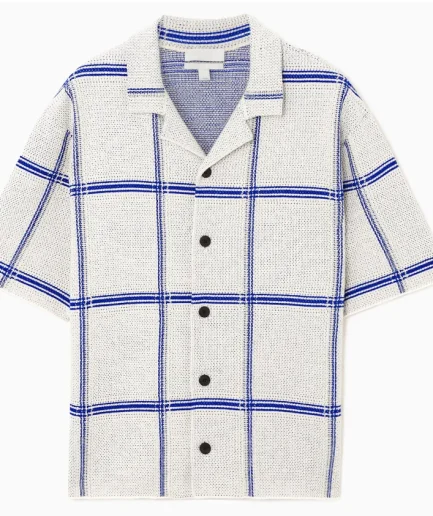 Short Sleeve Vintage Open Front Button up Cardigan Man Knit Sweater V Neck Blue White Stripe Man Textured Knitted Sweater