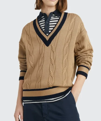 Design Cricket Golf Tennis Varsity Sports v Neck Loose Cable Knit Sweater Men