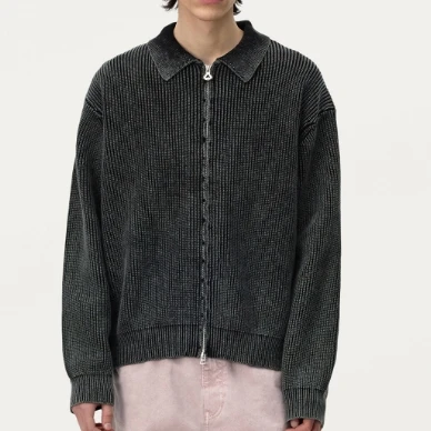 Men's Stylish Thin Polo Neck Knit Sweaters Zip up and Winter Casual Events Breathable Warm Cardigan Top with Decoration