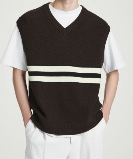 Man Dress Rib Hem Contrast Color Sweater Relaxed Fit Knitted Vests Comfortable Pullover Sleeveless V Neck Sweater for Man