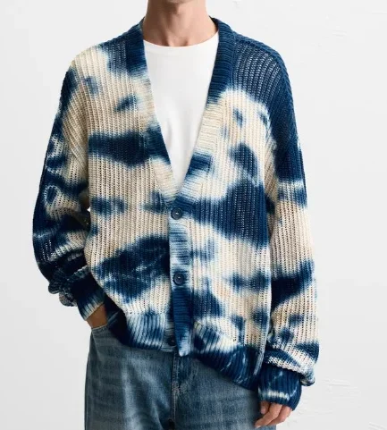 100% Cotton V Neck Button Cardigan Sweater for Man Tie Dye Long Sleeve Fashion Knitted Cardigan Dress for Man