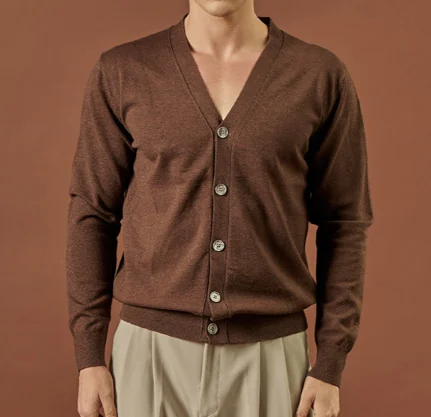 Long Sleeve Fuzzy Men Cardigan Sweater V Neck Spring Luxury Brown Solid Knitted Cardigan Sweater for Man