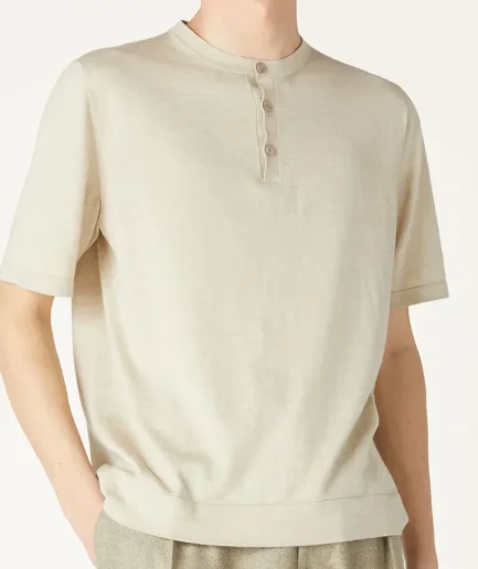 Man Summer Solid ColorSweater Short Sleeved Knitted Sweater 3/4 V Neck Button Relaxed Fit Rib Hem Knitted Sweater for Man