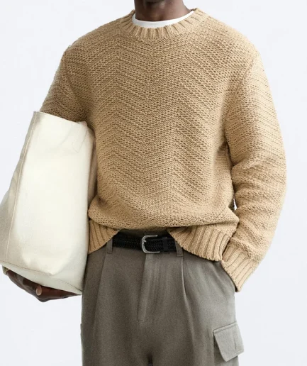 High Quality Men Knitwear Long Sleeves Crew Neck Luxury Rib Trim Cotton Knitted Sweater Pullover
