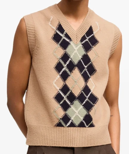 Cream Color Pattern Jacquard V Neck Vest Rib Knitted Sweater for Man Pullover Man Sleeveless Summer Knitted Sweater
