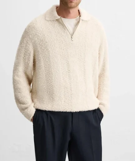 Man Autumn/Winter Warm Texture Knitted V-Neck Sweater Fullzip Rib Hem Turn-down Collar High Quality Sweater
