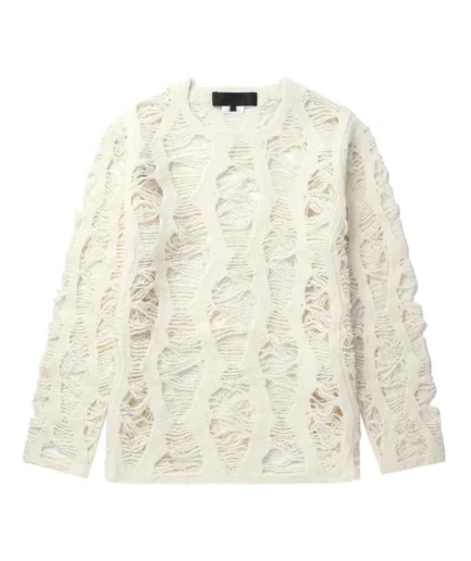 Comfortable White Hollow Out Pullover Knit Sweater for Man Long Sleeve Sweater Round Neck Relaxed Fit Knitted for Man