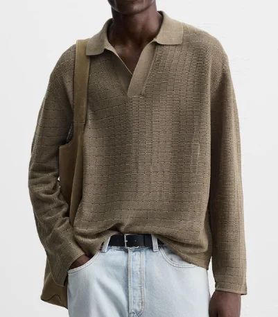 Open Front Polo Neck Long Sleeve Man Knitted Sweater Relaxed Fit High Quality Ribbed Pullover Knitted Sweater Solid Color