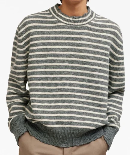 Green and White Color Round Neck Pullover Knit Sweater for Man Long Sleeve Stripe Safety Knitted Sweater With Good for Man